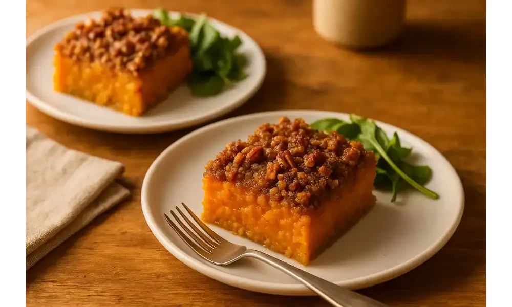 Two slices of black folks’ sweet potato casserole with pecan crumble on white plates, warm wooden table setting, lunch serving.