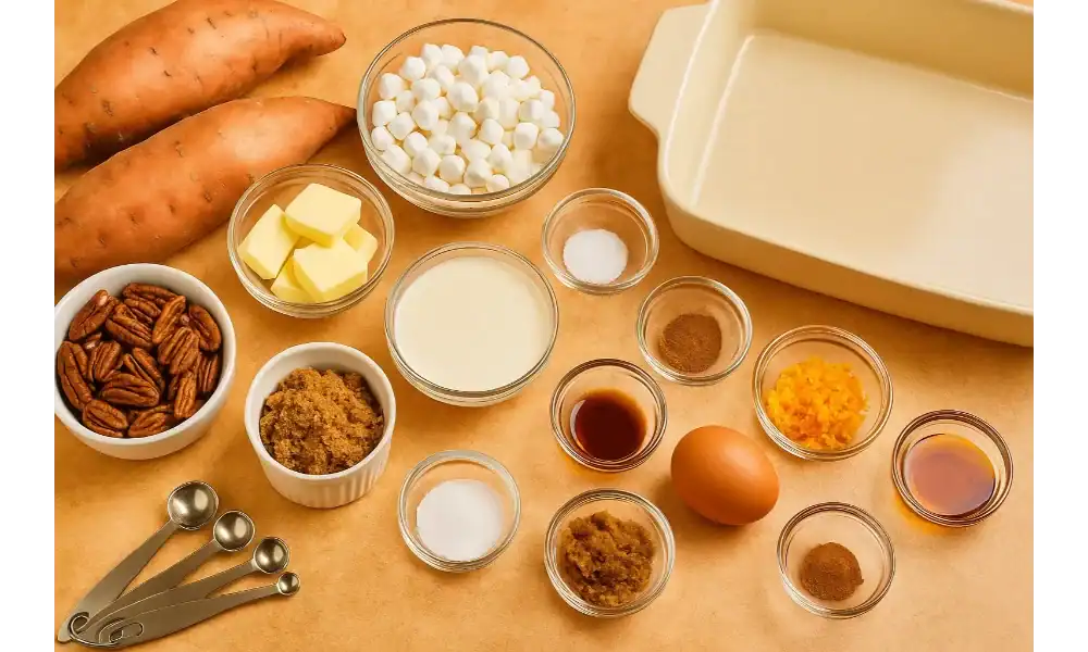 Sweet potato casserole ingredients—sweet potatoes, pecans, mini marshmallows, brown sugar, butter, evaporated milk, spices, vanilla, orange zest, egg—arranged beside a baking dish.