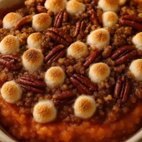 Close-up of black folks’ sweet potato casserole with toasted mini marshmallows and whole pecans over a caramelized praline crumble.