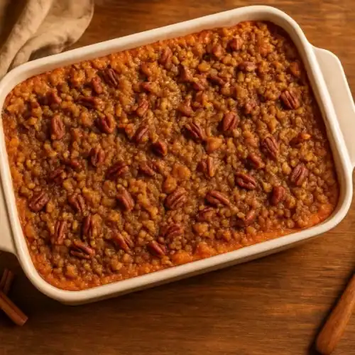Warm sweet potato casserole in a white baking dish with pecan praline topping on a wooden table, marshmallows and cinnamon nearby.