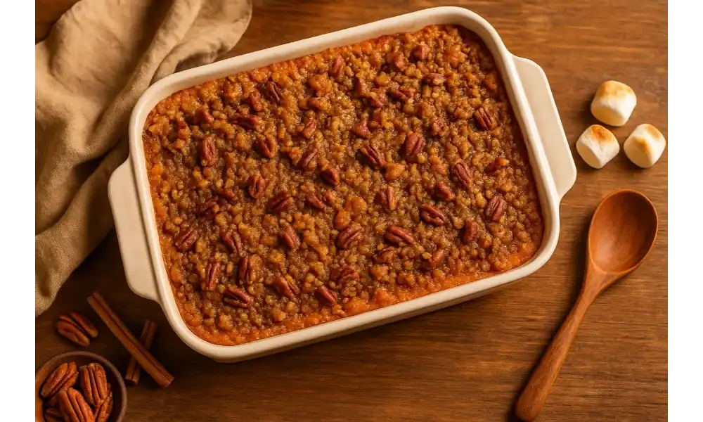 Warm sweet potato casserole in a white baking dish with pecan praline topping on a wooden table, marshmallows and cinnamon nearby.