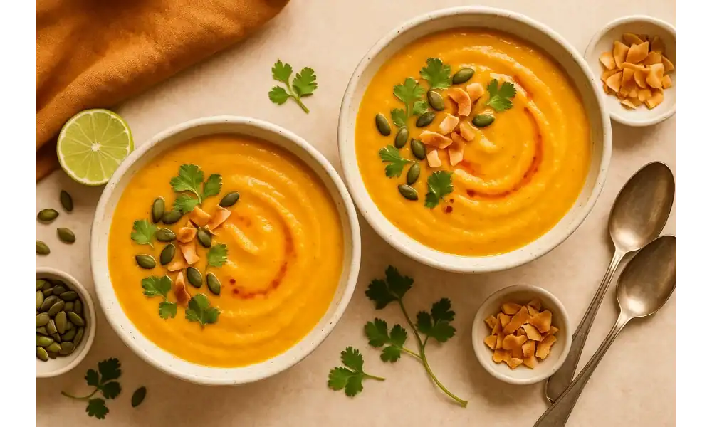 Two bowls of creamy sweet potato coconut soup garnished with cilantro, pumpkin seeds, and toasted coconut flakes, served with lime and silver spoons on a beige table.