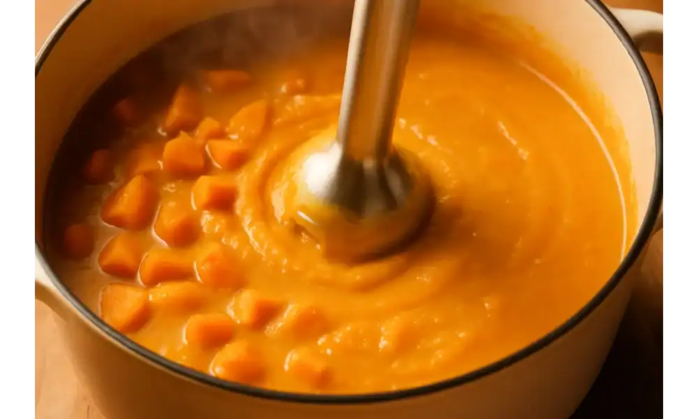 Immersion blender pureeing sweet potato coconut soup in a cream-colored Dutch oven, creating a smooth, golden-orange swirl.