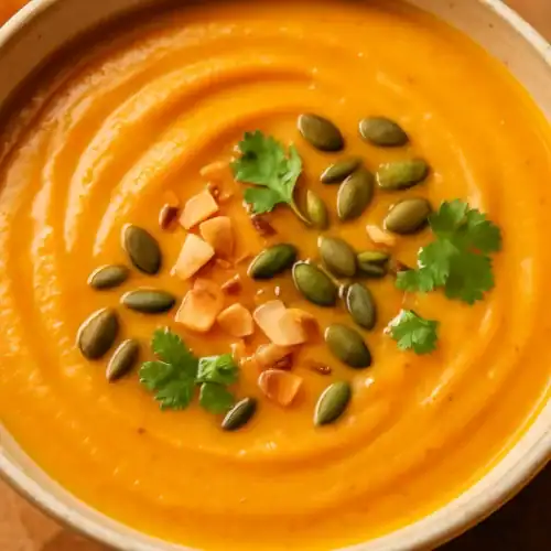 Close-up of creamy sweet potato coconut soup topped with pumpkin seeds, toasted coconut flakes, and cilantro in a rustic bowl.