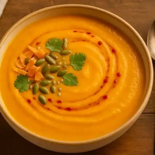 Bowl of creamy sweet potato coconut soup with chili-oil swirl, pumpkin seeds, cilantro, toasted coconut, and a silver spoon on a wooden table.