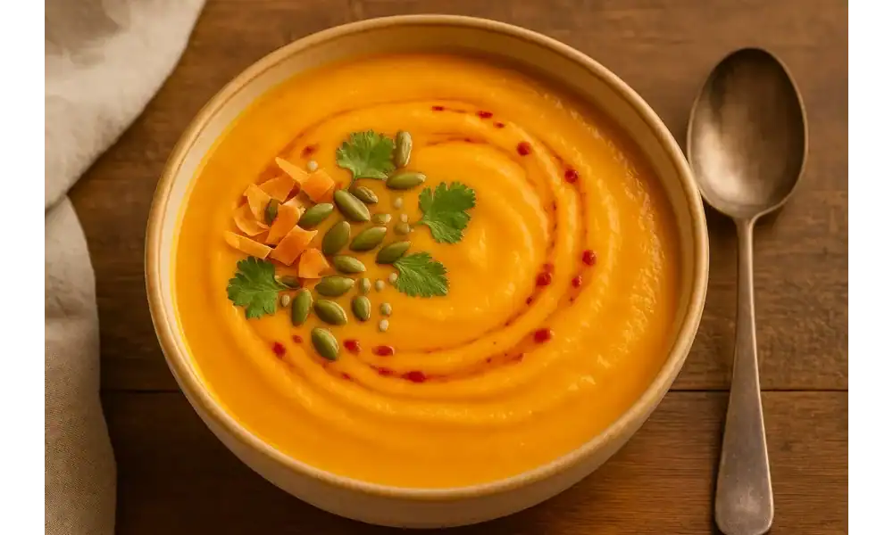 Bowl of creamy sweet potato coconut soup with chili-oil swirl, pumpkin seeds, cilantro, toasted coconut, and a silver spoon on a wooden table.