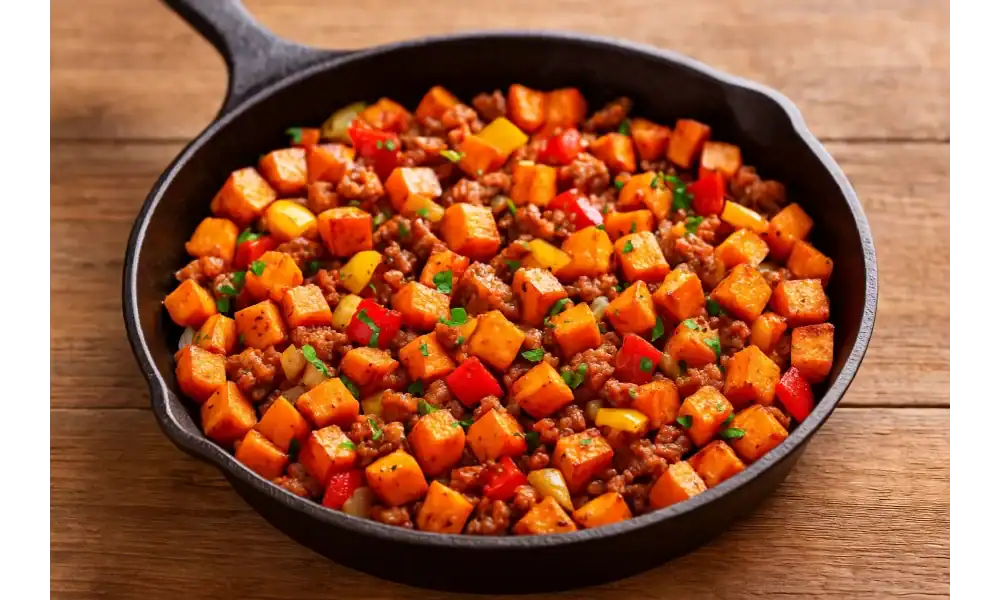 Cast iron skillet filled with crispy sweet potato hash with sausage and colorful peppers.