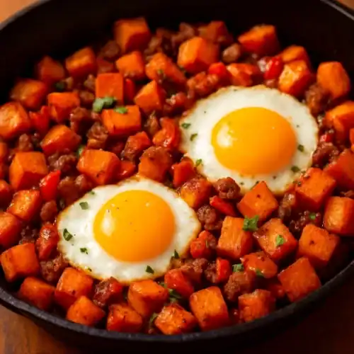 Close-up of sweet potato hash with sausage, red peppers, and two sunny-side-up eggs in a cast iron skillet.