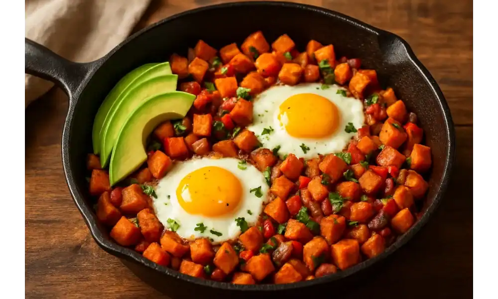 Cast-iron skillet of sweet potato hash with two sunny-side-up eggs, diced peppers and onions, avocado slices, and fresh herbs.