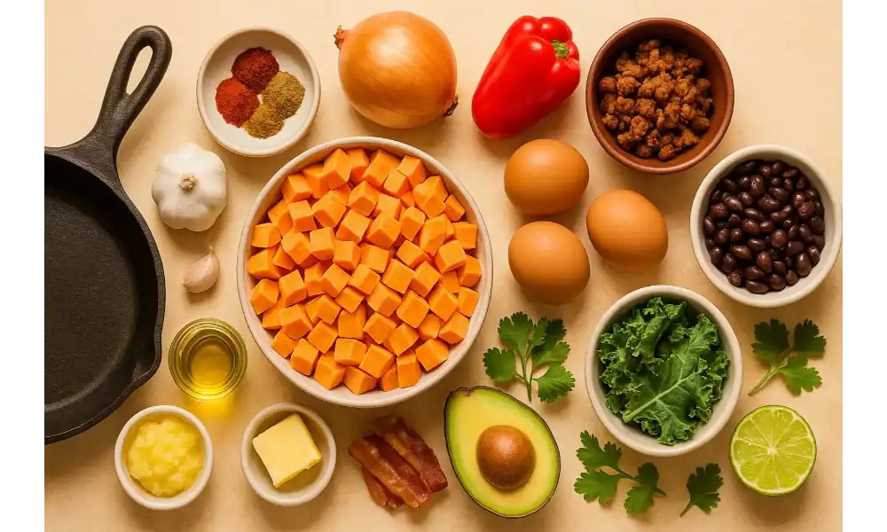Fresh ingredients for sweet potato hash including diced sweet potatoes, eggs, bell pepper, onion, garlic, black beans, avocado, kale, lime, and spices arranged beside a cast iron skillet.