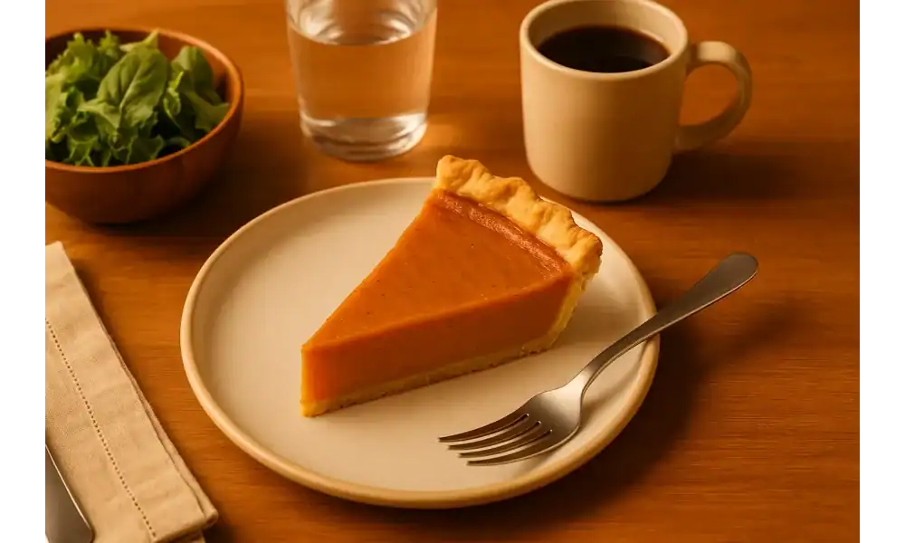 A slice of sweet potato pie served on a beige plate with a fork, next to a mug of coffee, a glass of water, and a small bowl of salad on a wooden table.