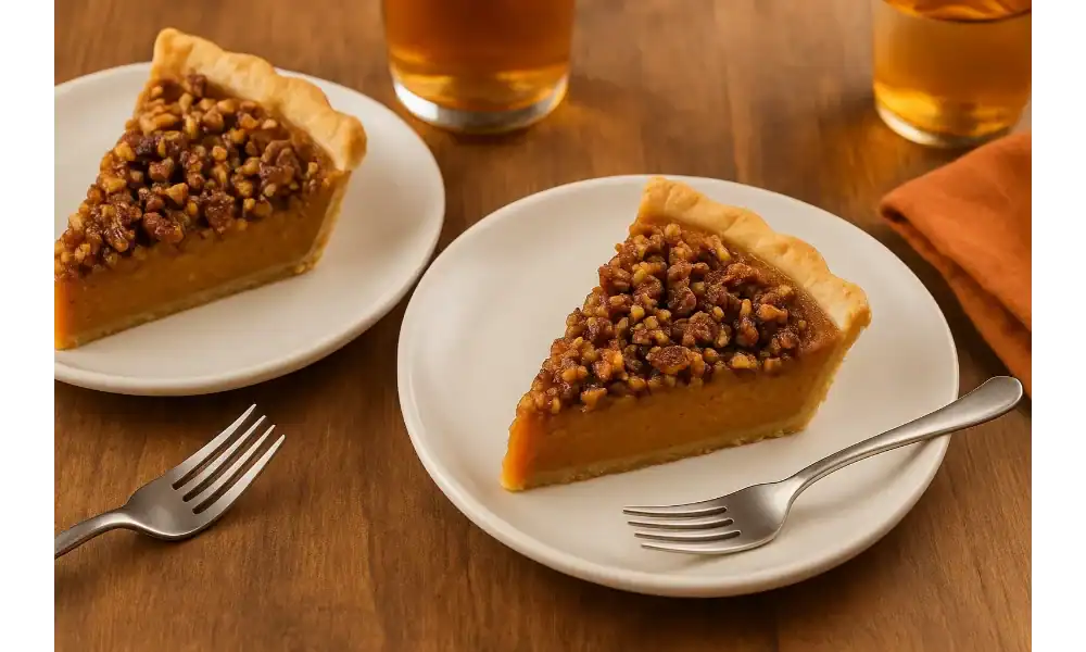 Two slices of sweet potato pie with condensed milk and brown sugar pecan topping on white plates, served with forks and glasses of juice on a wooden table.