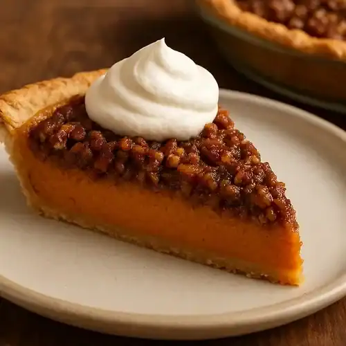 this is a picture will be posted in a post under the following title:Sweet Potato Pie with Condensed Milk and Brown Sugar Pecan Topping. give alt text, title, caption and description