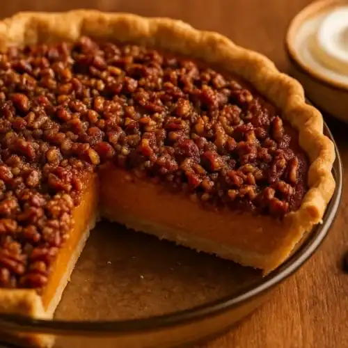 Whole sweet potato pie with condensed milk and a brown sugar pecan crumble, one slice removed, in a glass pie dish on a wooden table with whipped cream.