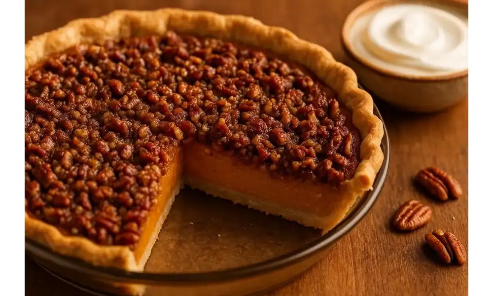 Whole sweet potato pie with condensed milk and a brown sugar pecan crumble, one slice removed, in a glass pie dish on a wooden table with whipped cream.