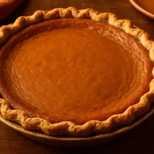 Whole sweet potato pie with a golden, crimped crust and smooth orange filling on a warm wooden table.