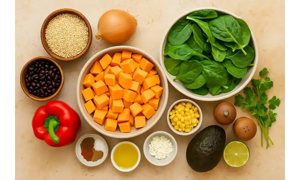 Flat-lay of sweet potato quinoa bake ingredients: cubed sweet potatoes, quinoa, spinach, black beans, corn, red bell pepper, onion, avocado, lime, cilantro, spices, olive oil, and feta on a warm beige surface.