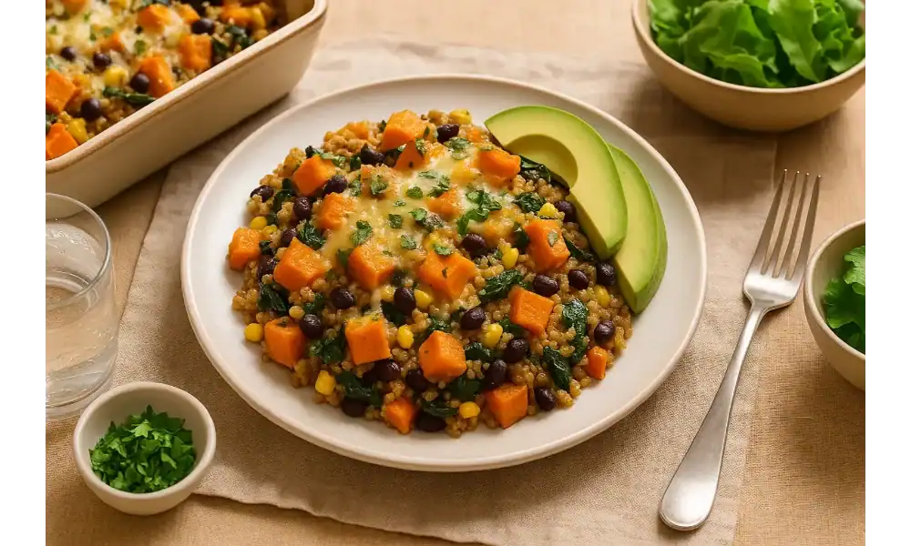 Plate of sweet potato quinoa bake with black beans, corn, and spinach, topped with melted cheese and cilantro, served with avocado slices and a side salad.