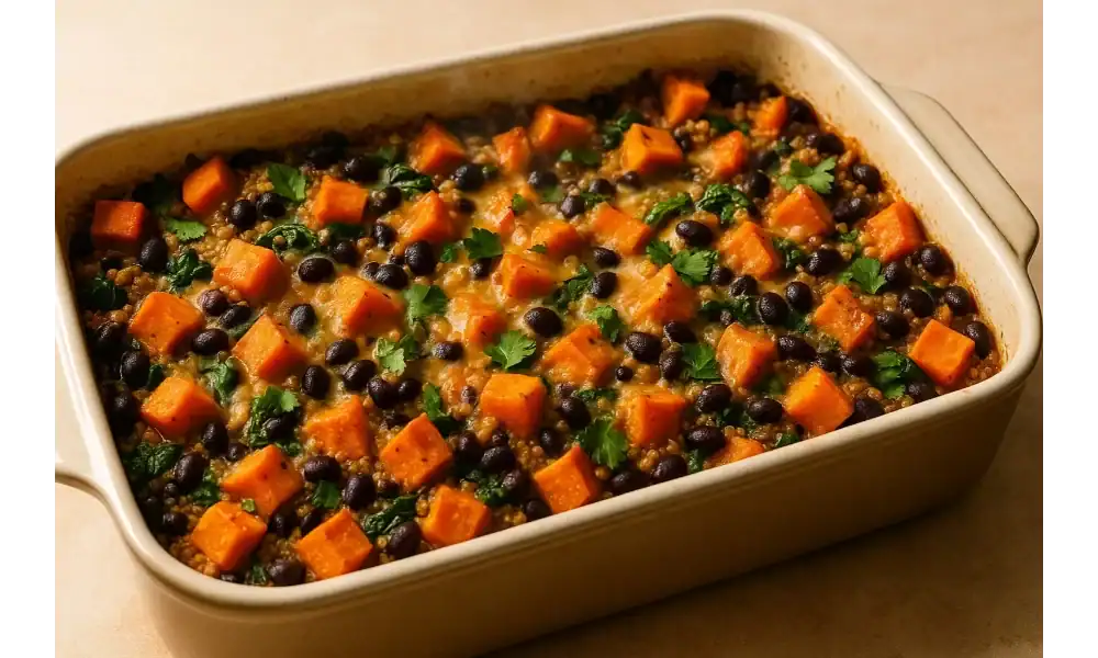 Baked sweet potato quinoa casserole in a cream ceramic dish with black beans, spinach, and melted cheese, garnished with cilantro.