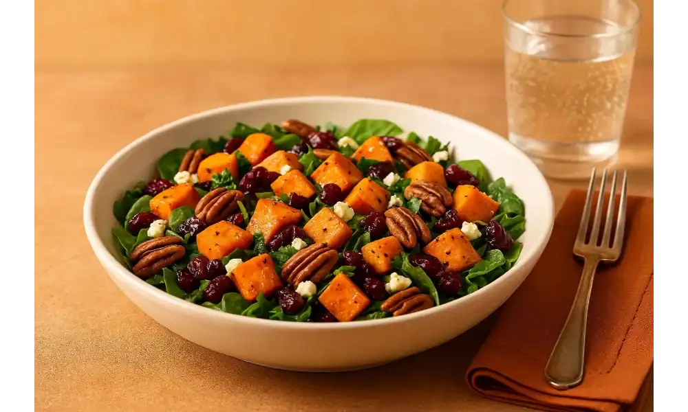 A bowl of fall sweet potato salad with roasted sweet potatoes, dried cranberries, pecans, fresh greens, and feta, served with sparkling water and a fork on the side.