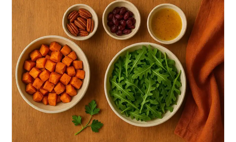 Overhead flat lay of roasted sweet potato cubes, arugula, pecans, dried cranberries, and a maple-Dijon vinaigrette in small bowls on a wooden surface with an orange napkin.