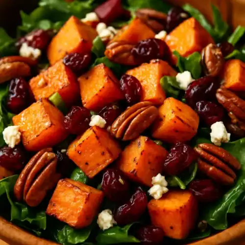 Close-up of fall sweet potato salad with roasted sweet potatoes, dried cranberries, pecans, feta crumbles, and fresh greens.