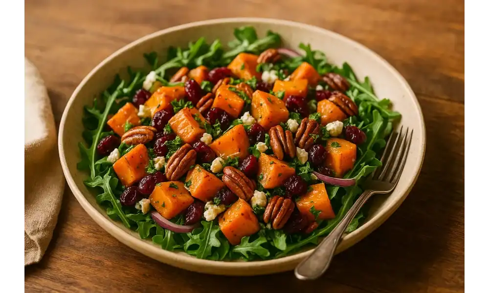 A plate of fall sweet potato salad with roasted sweet potatoes, cranberries, pecans, feta, and arugula on a rustic wooden table.