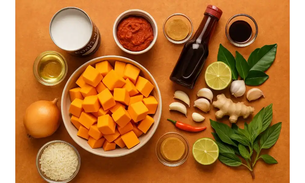Overhead flat lay of Thai red pumpkin curry ingredients: pumpkin/kabocha cubes, coconut milk, red curry paste, fish sauce or tamari, palm sugar, vegetable oil, onion, garlic, ginger, red chili, makrut lime leaves, lime, Thai basil, and jasmine rice on a warm-toned surface.
