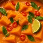 Close-up of Thai Red Pumpkin Curry with creamy coconut sauce, fresh basil, red chili slices, and lime wedge.