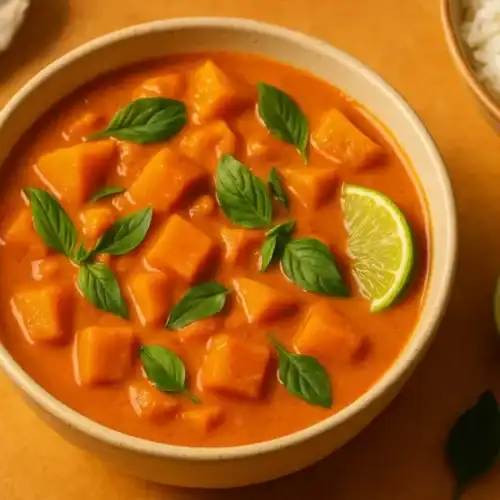 A warm, inviting bowl of Thai Red Pumpkin Curry topped with Thai basil and lime wedges, served alongside a bowl of jasmine rice on a rustic golden background.