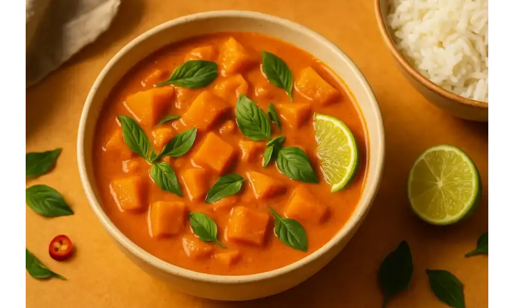 A warm, inviting bowl of Thai Red Pumpkin Curry topped with Thai basil and lime wedges, served alongside a bowl of jasmine rice on a rustic golden background.