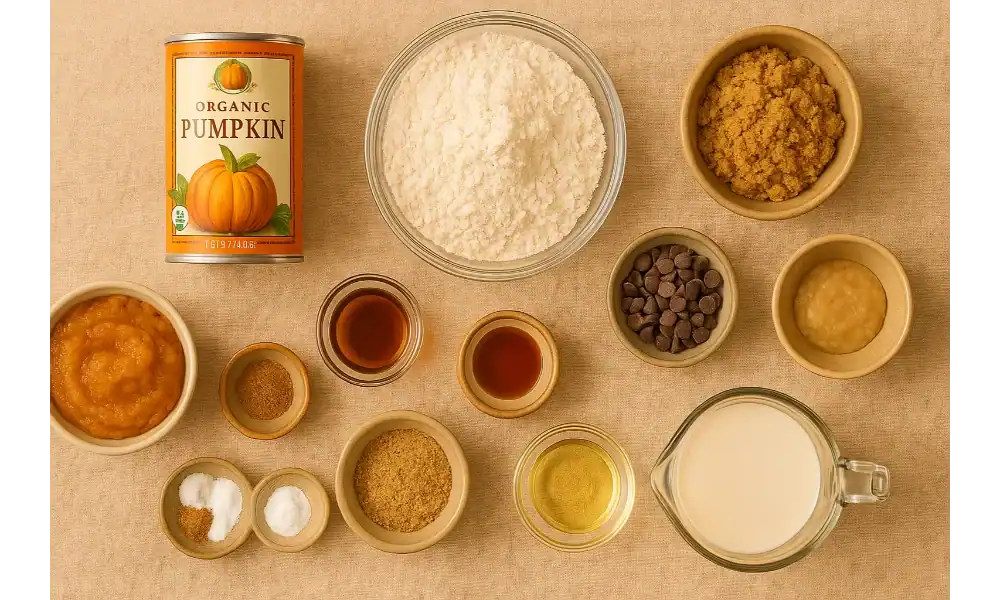 Overhead flat-lay of vegan pumpkin chocolate chip bread ingredients: canned pumpkin, flour, brown sugar, plant milk, oil, vanilla, spices, flaxseed, baking powder/soda, applesauce, and chocolate chips on a warm beige linen.