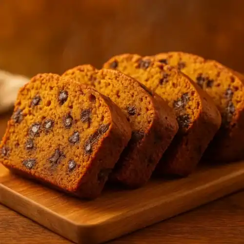 Four slices of vegan pumpkin chocolate chip bread arranged on a wooden board, showing a moist, chocolate-filled crumb under warm, golden lighting.