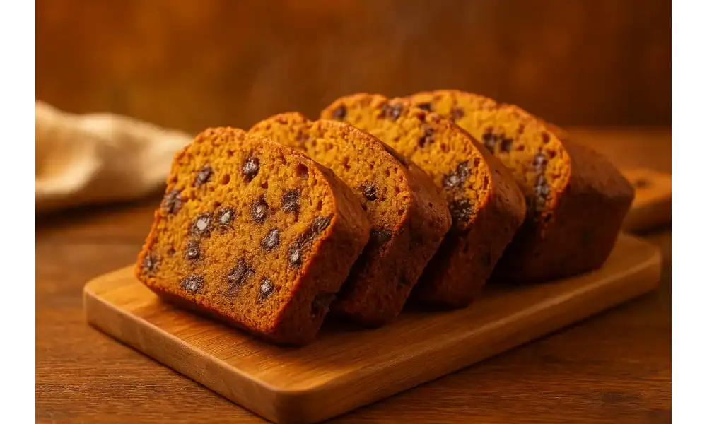 Four slices of vegan pumpkin chocolate chip bread arranged on a wooden board, showing a moist, chocolate-filled crumb under warm, golden lighting.