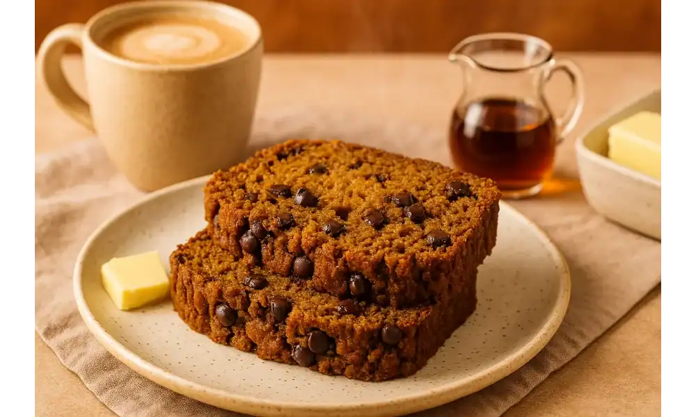 Two slices of vegan pumpkin chocolate chip bread served on a ceramic plate with butter, maple syrup, and a cup of coffee in warm, natural light.