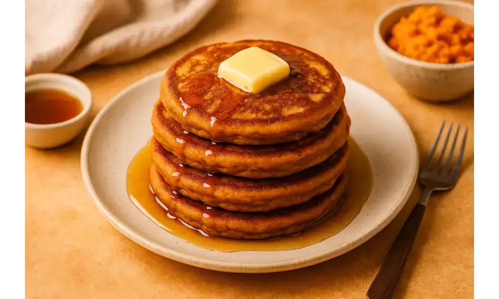 Stack of golden vegan sweet potato pancakes topped with a pat of vegan butter and drizzled with maple syrup on a ceramic plate.