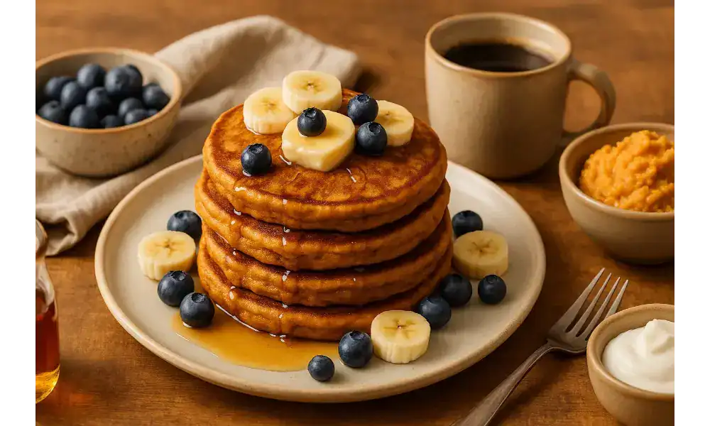 Stack of vegan sweet potato pancakes topped with banana slices and blueberries, drizzled with maple syrup, served with coffee and fresh toppings on a wooden table.