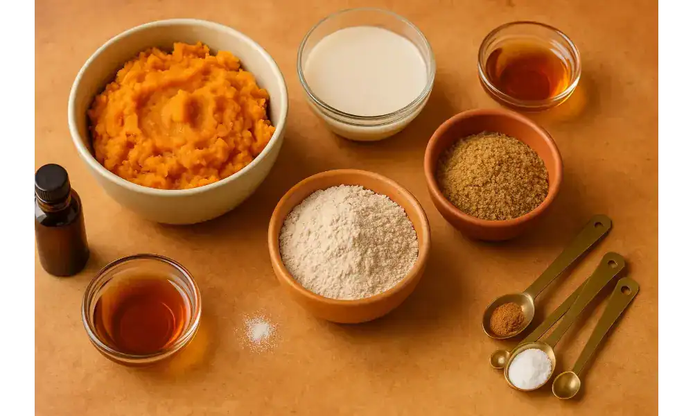 Ingredients for vegan sweet potato pancakes: mashed sweet potato, plant milk, flour, brown sugar, maple syrup, vanilla, baking powder, cinnamon, and salt on a warm-toned surface.