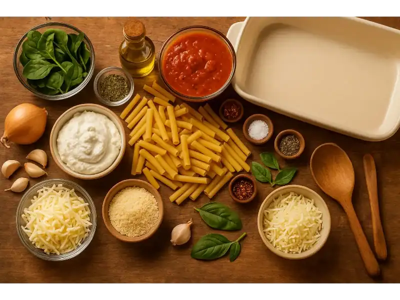 Ingredients for vegetarian baked ziti with spinach, ricotta, mozzarella, parmesan, pasta, and marinara sauce on a rustic wooden table.