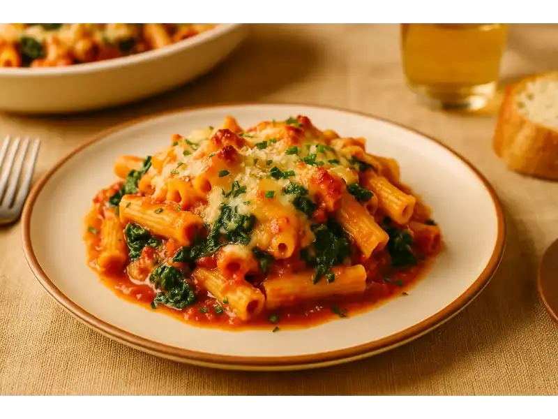 Close-up plate of vegetarian baked ziti with spinach and melted three cheeses in warm marinara sauce.
