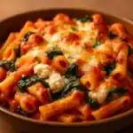 Close-up bowl of vegetarian baked ziti with spinach, ricotta, mozzarella, and parmesan in rich tomato sauce.