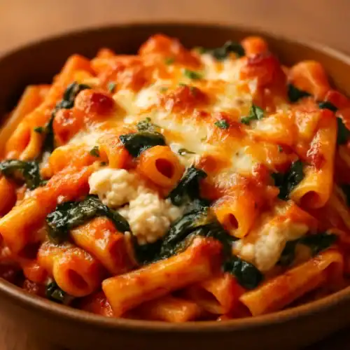Close-up bowl of vegetarian baked ziti with spinach, ricotta, mozzarella, and parmesan in rich tomato sauce.