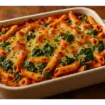Baked ziti casserole with spinach and three cheeses in a white dish, golden and bubbly under warm lighting.