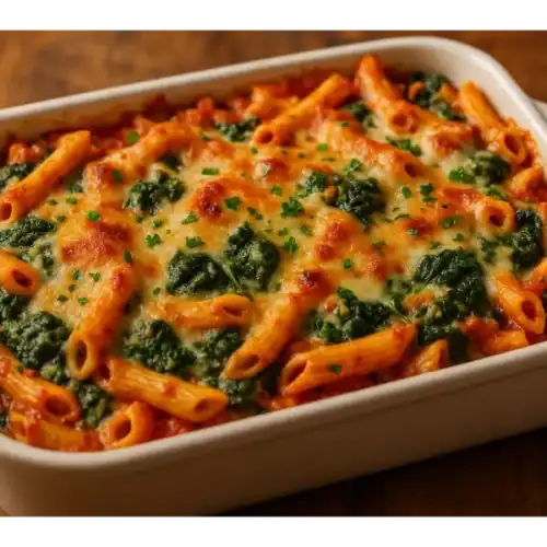 Baked ziti casserole with spinach and three cheeses in a white dish, golden and bubbly under warm lighting.