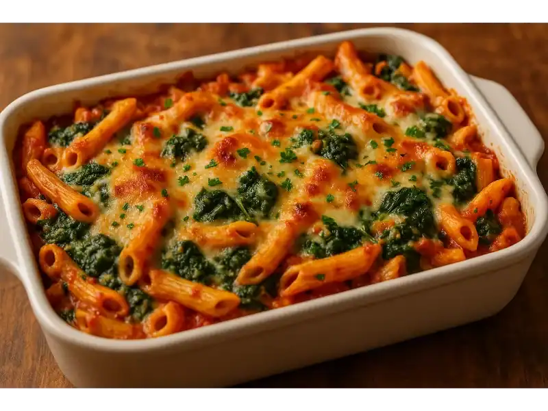 Baked ziti casserole with spinach and three cheeses in a white dish, golden and bubbly under warm lighting.