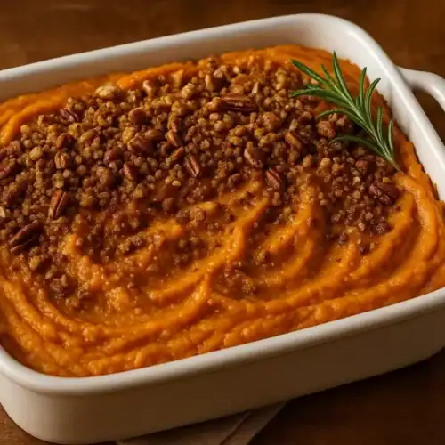 Freshly baked whipped sweet potato casserole in a white ceramic dish, topped with golden pecan crumble and garnished with a sprig of rosemary.