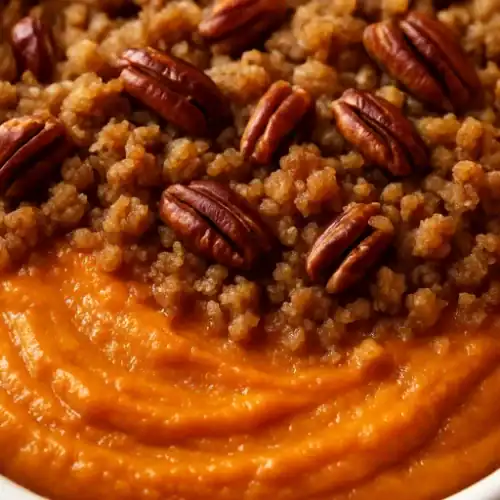 Close-up of whipped sweet potato casserole topped with golden pecan streusel, showing its smooth, velvety texture and warm orange color.