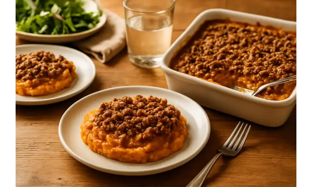 Whipped sweet potato casserole served on white plates with a crunchy pecan topping, placed beside a baking dish on a wooden lunch table.