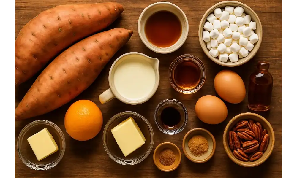 Flat-lay of sweet potato casserole ingredients on a wooden table: sweet potatoes, butter, cream, eggs, maple syrup, vanilla, spices, marshmallows, pecans, and an orange.