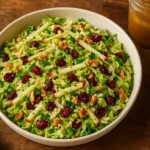 A fresh Brussels sprouts slaw with apple strips, dried cranberries, and walnuts, dressed in a maple Dijon vinaigrette, served in a ceramic bowl with a jar of dressing on the side.